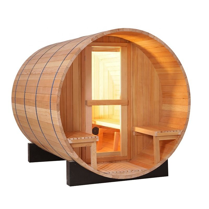 モダン3-4人松/カナダツガ/レッドルームヒーター屋外使用プリティサウナセダーバレルサウナルーム、家族向けHarvia付き