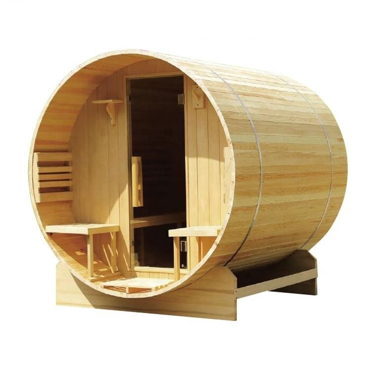 モダン3-4人松/カナダツガ/レッドルームヒーター屋外使用プリティサウナセダーバレルサウナルーム、家族向けHarvia付き