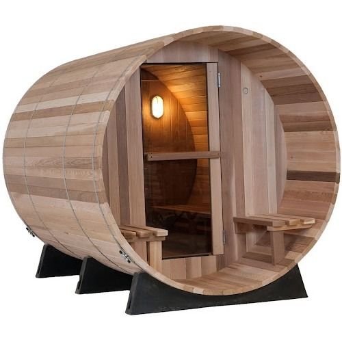 モダン3-4人松/カナダツガ/レッドルームヒーター屋外使用プリティサウナセダーバレルサウナルーム、家族向けHarvia付き